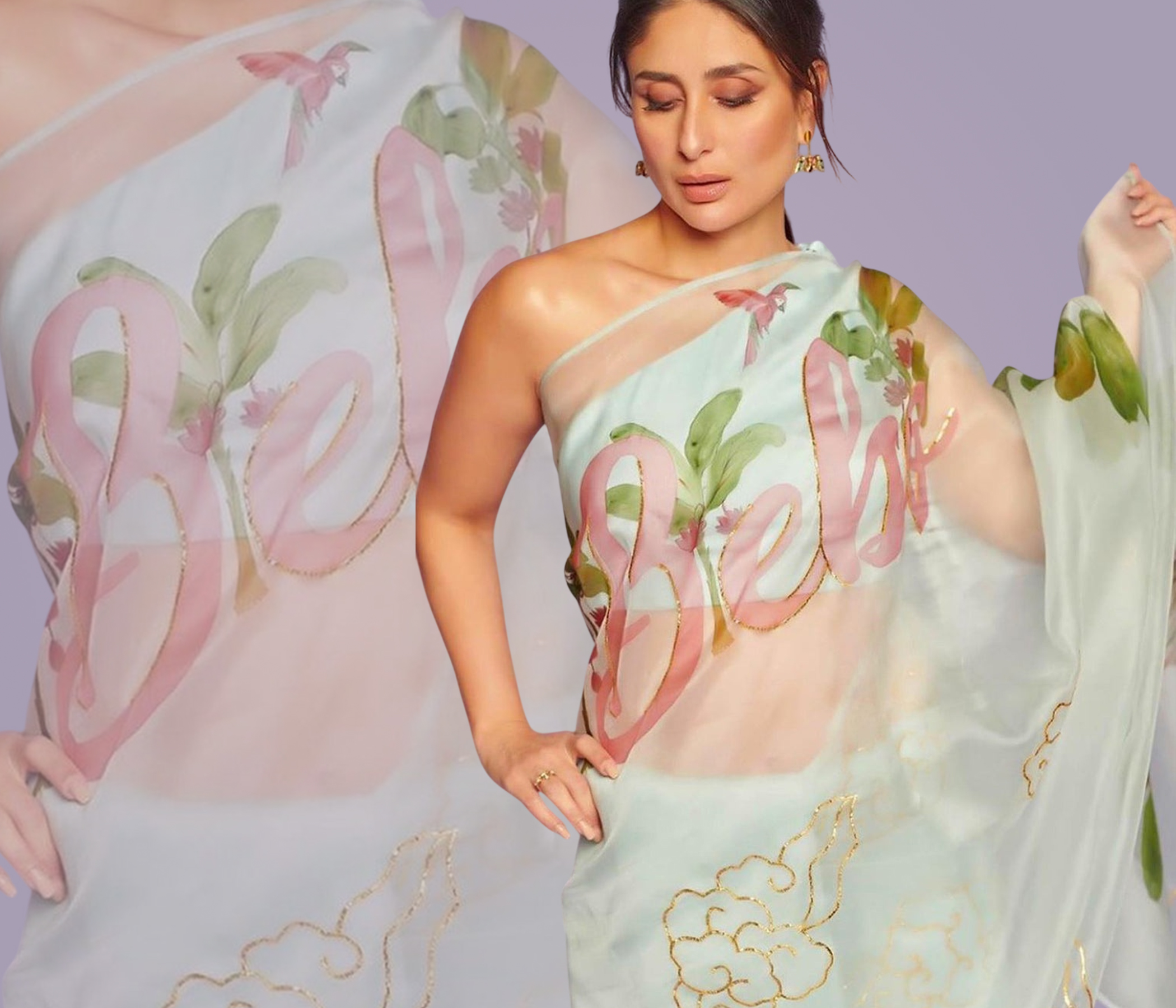 Hand Painted Pastel Mint Organza Bebo Name saree